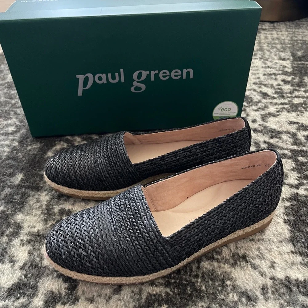 Paul Green Lori Espadrilles Sz 9 Black Woven Raffia Flats Comfortable Chic Beach